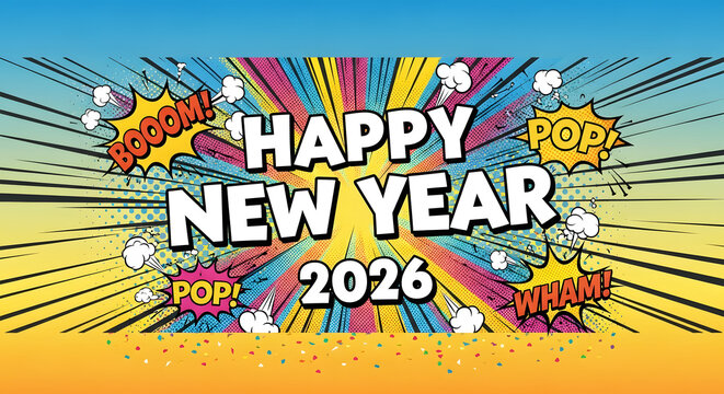 Happy New Year 2026 comic book style greeting with BOMPOPWHAM sound effects and colorful radiating background