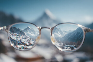 Snowy mountain peaks sharply focused through clear glasses lens, scenic winter landscape blurred in background, crisp and serene atmosphere.