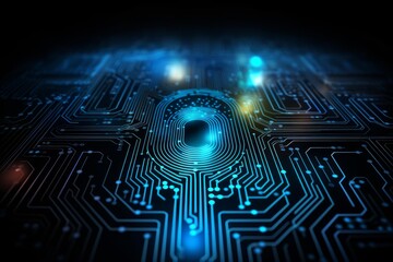Futuristic circuit board with glowing fingerprint, representing digital security and biometric authentication