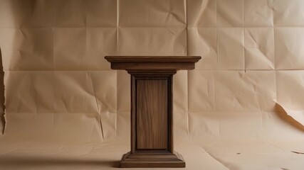 Elegant wooden podium on a smooth beige backdrop static shot showcasing its detailed craftsmanship and rich texture ideal for presentations events or speeches illuminated by soft natural light