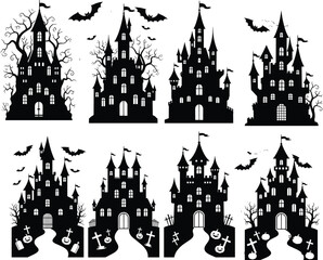 Obraz premium Haunted house silhouette set with spooky trees, bats, and Halloween decorations, vector illustration for festive and eerie design themes