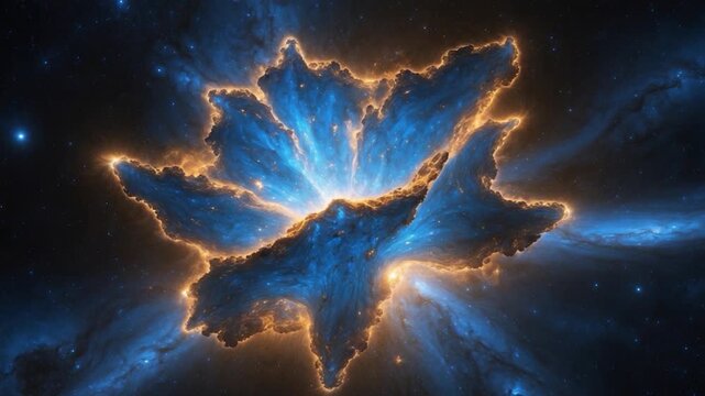 Vibrant cosmic cloud formation with swirling blue and glowing orange highlights emerging from a central point in deep space showcasing intricate textures and dynamic movement throughout the visual