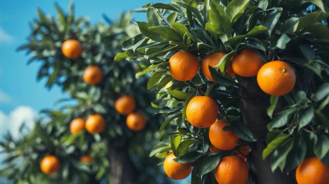Vibrant orange trees with ripe fruit hanging among lush green leaves captured in clear daylight showcasing a close-up perspective with soft natural light and vivid colors against a bright blue sky