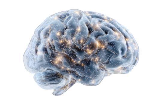Digital brain isolated on transparent background, representing intelligence and network