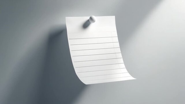 Close-up of a blank lined paper sheet hanging from a white pushpin against a soft gray wall background captured with soft natural light creating gentle shadows highlighting the smooth surface and