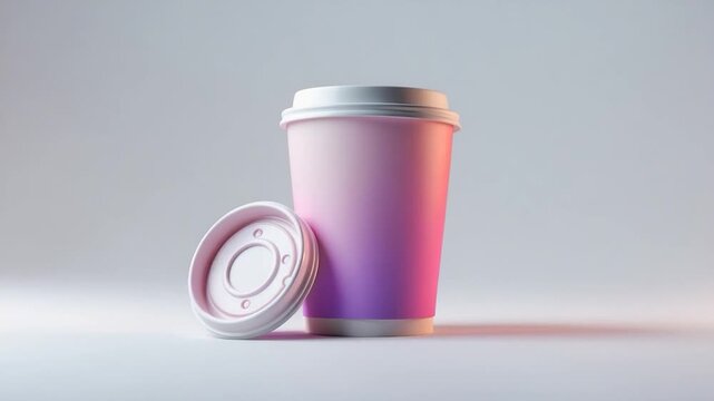 Close-up view of a sleek pink gradient disposable coffee cup with a removable lid placed against a soft gray background showcasing minimalistic design and smooth textures in even lighting