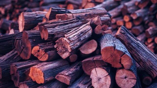 Close-up of stacked logs displaying textured bark and cut ends featuring warm orange and brown tones with natural light illuminating the wood grain in a rustic outdoor setting over time