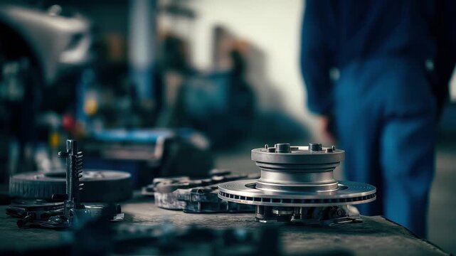 Skilled mechanic expertly assembling car brake rotor in detail oriented workshop environment, 4k high quality footage