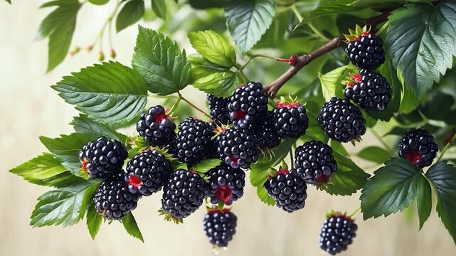 Close-up of a lush blackberry branch featuring ripe blackberries vibrant green leaves under soft natural light showcasing rich textures and fine details set against a soft blurred background that