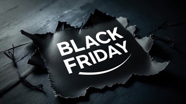 Close-up view of a torn black paper surface revealing the words Black Friday in bold white letters featuring textured edges with dark shadowing set against a moody dimly lit background emphasizing