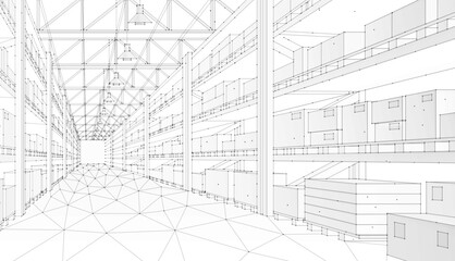 Digital warehouse. Automatic stock storage, modern distribution building, ecommerce warehouse, digital logistics, smart package hardware, AI delivery system, innovation in cargo, commercial storehouse
