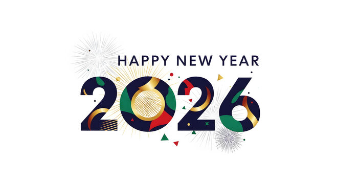 Happy New Year 2026 with abstract colorful pattern inside numbers and fireworks on white background