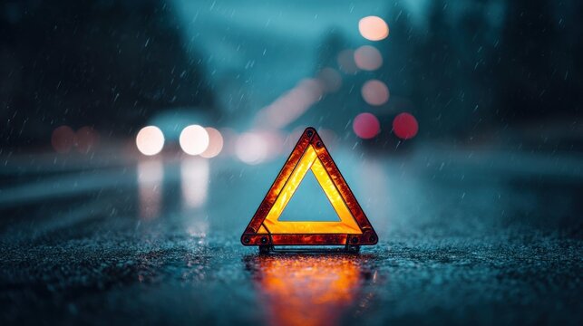 Warning triangle on wet road during a rainstorm at night