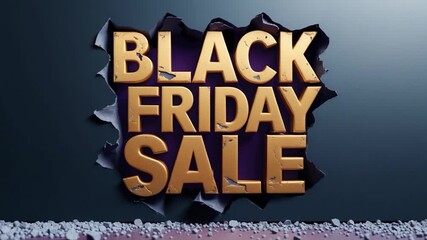 Dynamic close-up of a bold gold text banner tearing through a dark background featuring vibrant 'BLACK FRIDAY SALE' letters highlighted by split lighting and textured edges transforming throughout