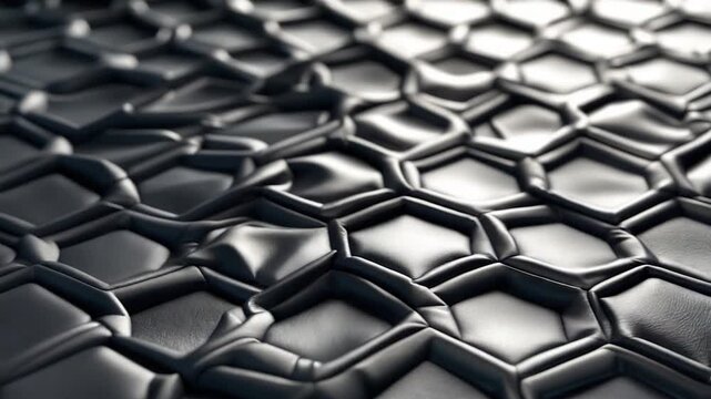 Close-up of textured black material featuring hexagonal shapes showcasing smooth curves and raised patterns illuminated with soft light highlighting the depth and sheen of the surface from various