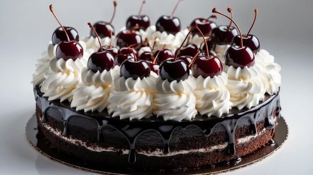 Close-up of a decadent chocolate cake topped with glossy cherries and whipped cream presented on a reflective surface with soft natural lighting showcasing the cake's rich texture and design