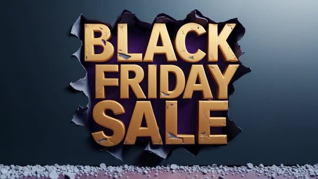 Dynamic close-up of a bold gold text banner tearing through a dark background featuring vibrant 'BLACK FRIDAY SALE' letters highlighted by split lighting and textured edges transforming throughout