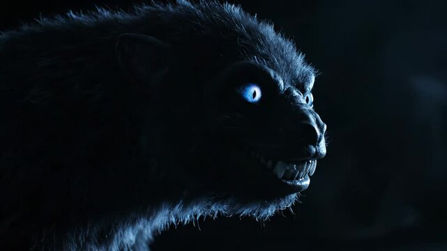 Werewolf snarls showing teeth with glowing blue eyes in darkness. Monster growls exposing fangs in profile. Werewolf creature with blue eyes snarling. Monster shows teeth growling in dark moonlight.