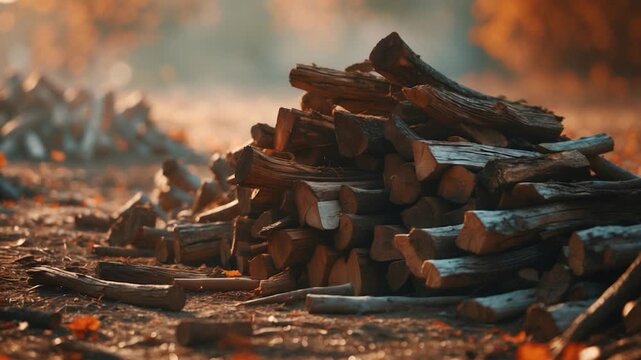 Close-up view of stacked wooden logs in warm autumn hues arranged in a rustic outdoor setting with blurred background foliage and soft natural light illuminating the textures of the wood and fallen