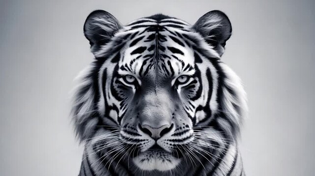 Close-up of a majestic tiger with striking black stripes and expressive eyes against a soft gray background showcasing a steady intense gaze throughout the video from beginning to end