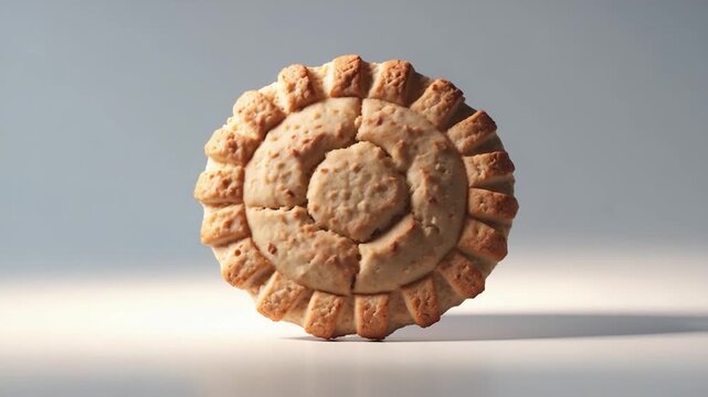 Close-up of a circular cookie with a textured patterned edge showcasing gradual transformation in shape and texture against a soft minimal gray background with gentle lighting highlighting the