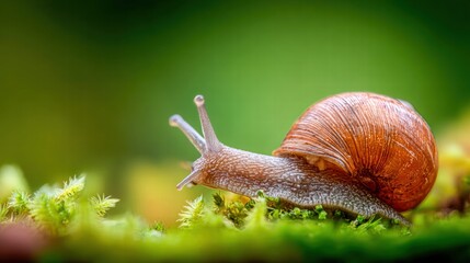 A close-up shot of a snail crawling on a bed of vibrant green moss.