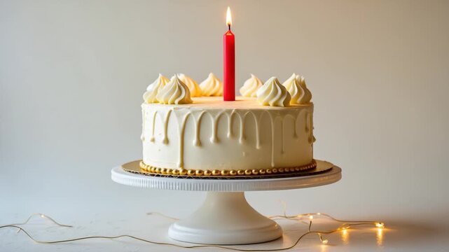 Luscious white cake with cream frosting and a bright red candle on a decorative cake stand surrounded by soft fairy lights captured in even natural light showcasing its glossy finish and delicate