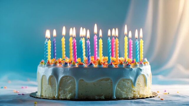 Vibrantly decorated birthday cake featuring multicolored candles adorned with colorful sprinkles set against a soft blue backdrop with warm lighting highlighting the melted frosting and creamy