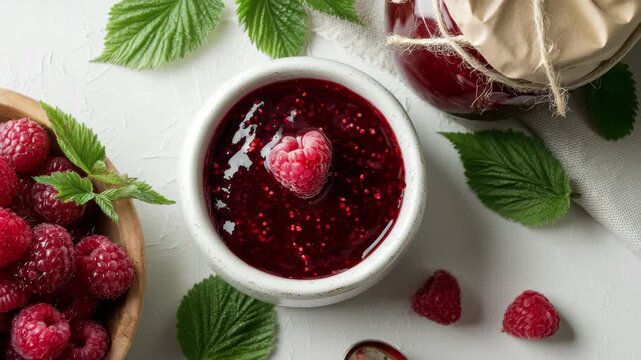 Fresh raspberries and homemade jam evoke sweet summer moments and culinary delights., 4k high quality footage
