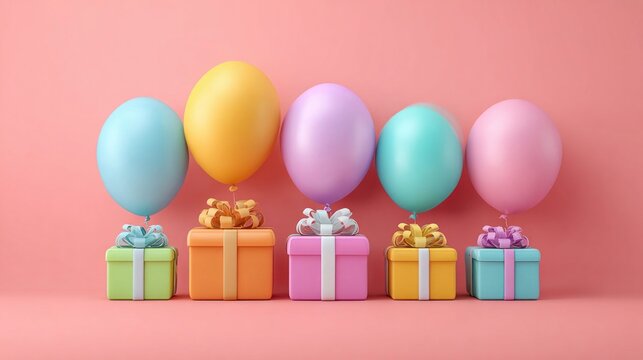Colorful balloons and gift boxes on a pink background for a festive celebration