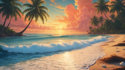 Scenic tropical beach during sunset with gentle waves lapping at a sandy shore palm trees silhouetted against a vibrant sky filled with pink and orange clouds creating a tranquil coastal landscape - Powered by Adobe