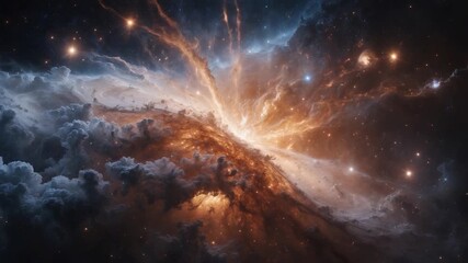 Stunning cosmic explosion in deep space with vibrant orange and blue swirling nebula illuminated by stars thick clouds of gas and dust moving dramatically in a celestial environment. - Powered by Adobe