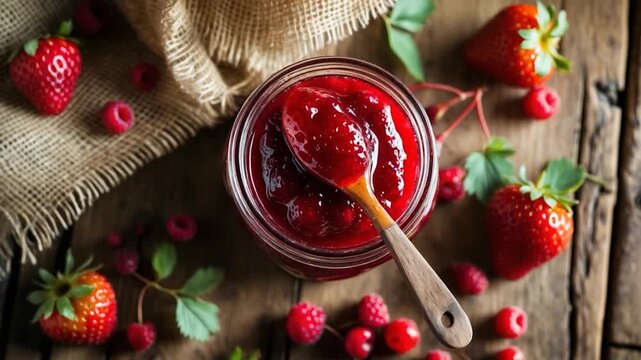 Close-up of vibrant strawberry jam in a glass jar with a wooden spoon surrounded by fresh strawberries and raspberries on a rustic wooden table soft natural light highlighting the rich red color and