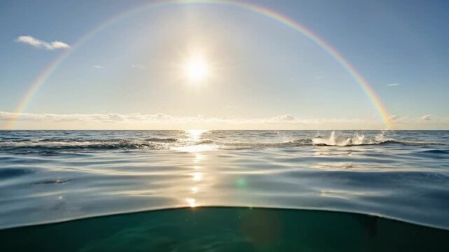 Magnificent Dolphin Display Under Rainbow: Capturing Oceanic Beauty and Joyful Leaps
