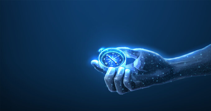 Compass in digital hand. business strategic explorer, Vision crisis, Mission path, Agency creative, Digital strategy, Market decision, Achievement strategy, Financial stock, Company vision concepts


