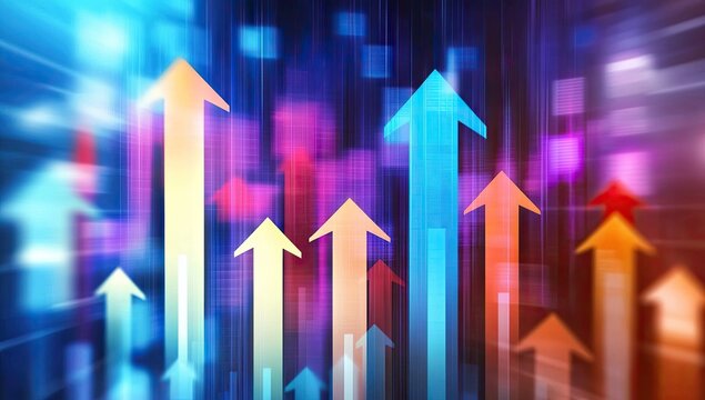A dynamic stock market graph with upward arrows, representing the rising trends in business and financial investment
