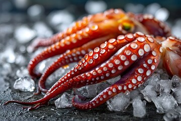 Raw octopus tentacles and suckers on crushed ice