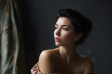 Naklejka premium Elegant portrait of a brunette woman in soft light looking away thoughtfully