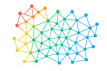 Global network connecting nodes and transferring data, showing modern technology and digital communication with a colorful gradient effect