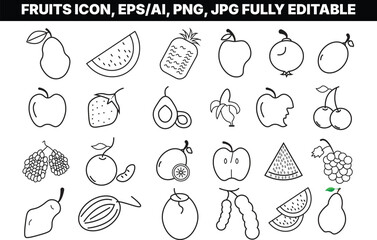 A set of black and white line art fruits icon on a transparent background