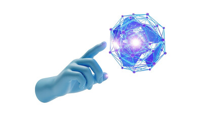 Blue hand is pointing at a blue sphere. isolated illustration on  transparent background PNG