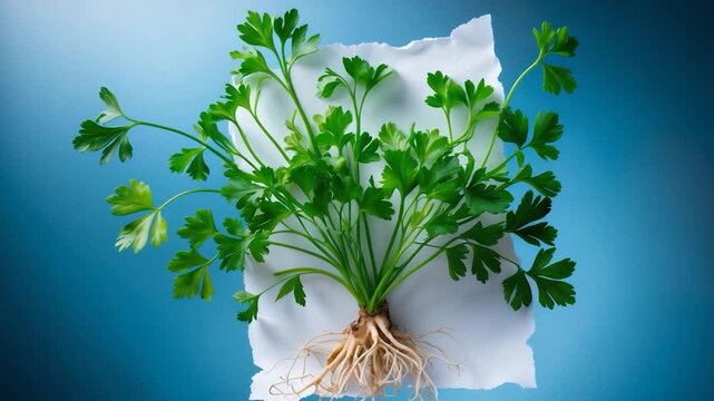 Close-up of fresh green parsley with roots on white paper background displaying vibrant green leaves and earthy roots shot in soft natural light against a smooth blue backdrop highlighting textures