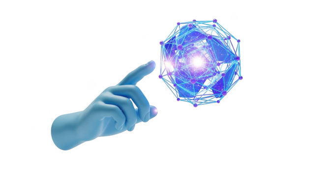 Blue hand is pointing at a blue sphere. isolated illustration on  transparent background PNG