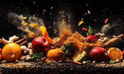 Explosive splash of oranges, cinnamon sticks and spices in warm dramatic lighting
