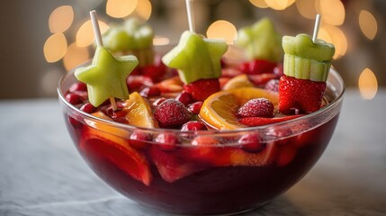 groovy christmas. Colorful fruit punch with star-shaped garnishes in a glass bowl.