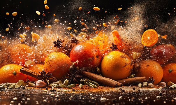 A explosion of spices, fruits and vegetables with vibrant orange red colors against black background - Powered by Adobe