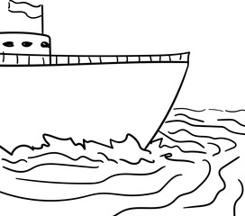 The bow of a ship with a partially visible flag cabin. The vessel is sailing at sea.