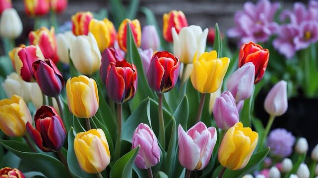 Close-up of vibrant tulips in various colors including red yellow purple and white gently swaying in a natural outdoor setting with soft sunlight illuminating the lush green leaves and surrounding