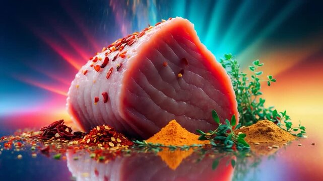 Close-up of a fresh pink meat cut garnished with colorful spices like red chili flakes and turmeric surrounded by vibrant green thyme with a dramatic lighting backdrop featuring rays of vivid colors