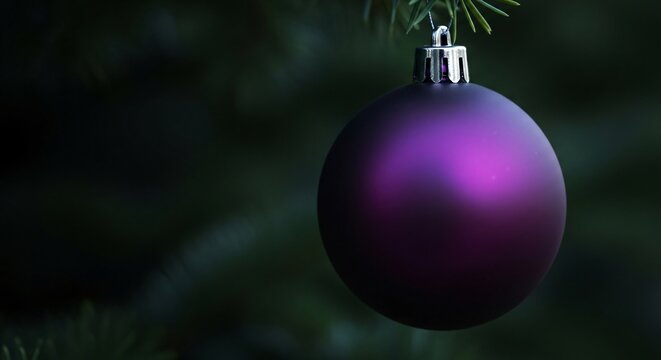 Close-up of a Purple Christmas Ornament Hanging on a Tree Branch